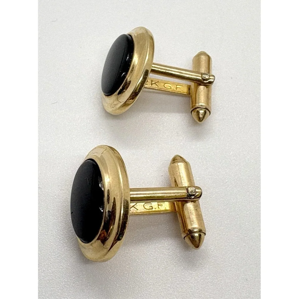 Vintage Hadley USA 12K Yellow Gold Filled Oval Black Onyx Bullet Back Cufflinks